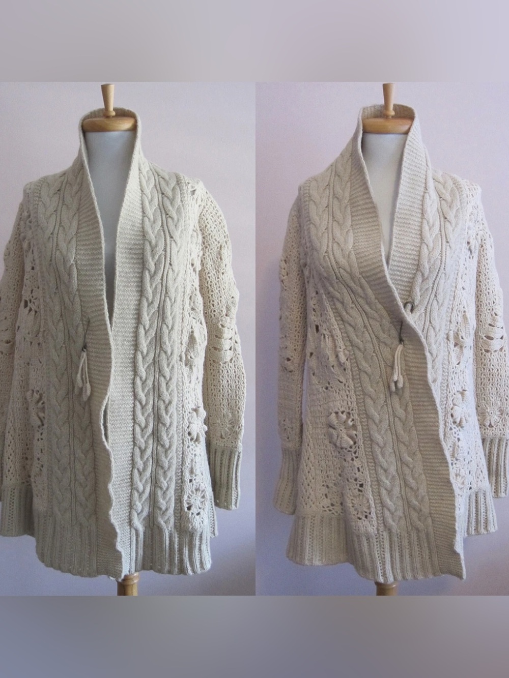 Anthropologie-Angel of the North Cream Openwork Cable Knit Shawl Collar Sweater - Picture 2 of 11
